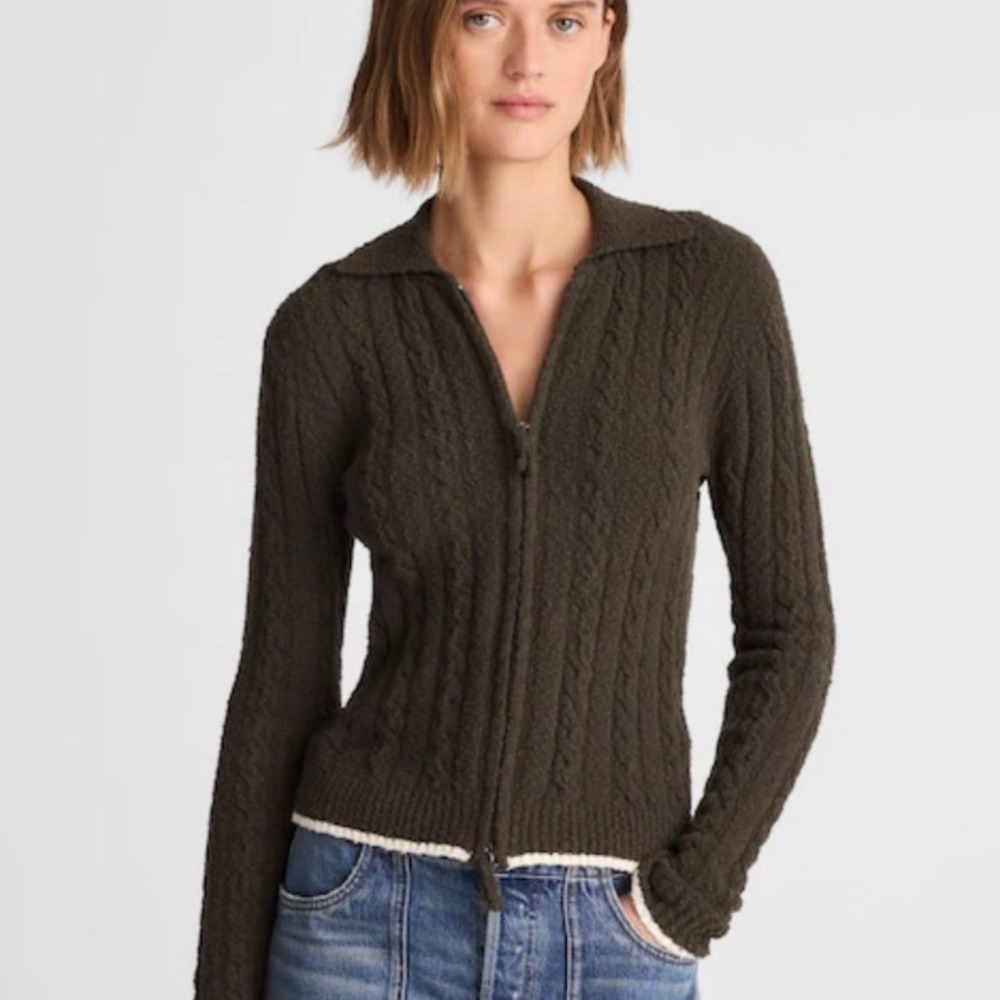 Madewell Zip-Front Polo Sweater XS Gray Cable Knit NY716 New $125‎